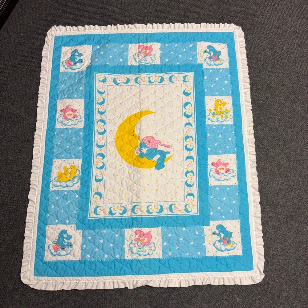 Vintage Care Bears Baby Blanket Quilted Bedtime Bear Moon Blue Ruffle 1980s